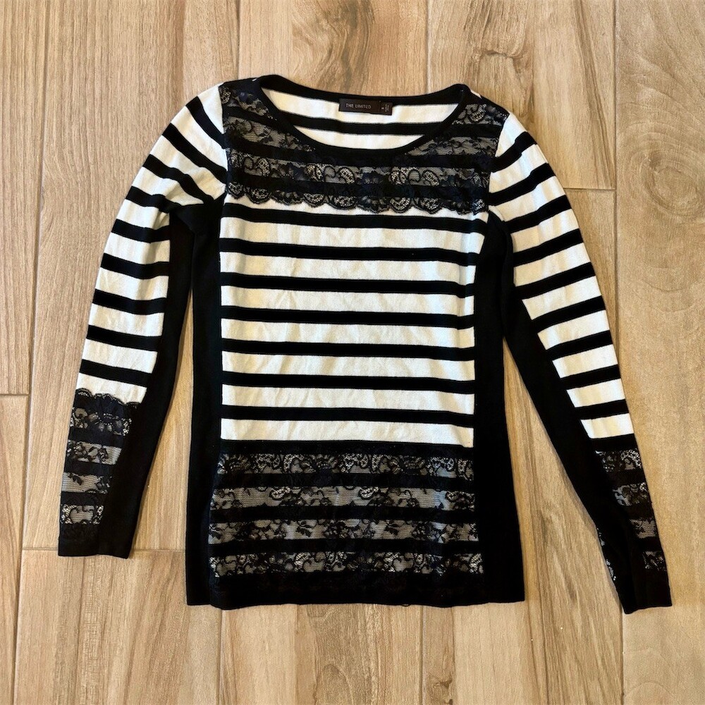 The Limited Sweater Womens Size M Black & White Striped Lace Overlay